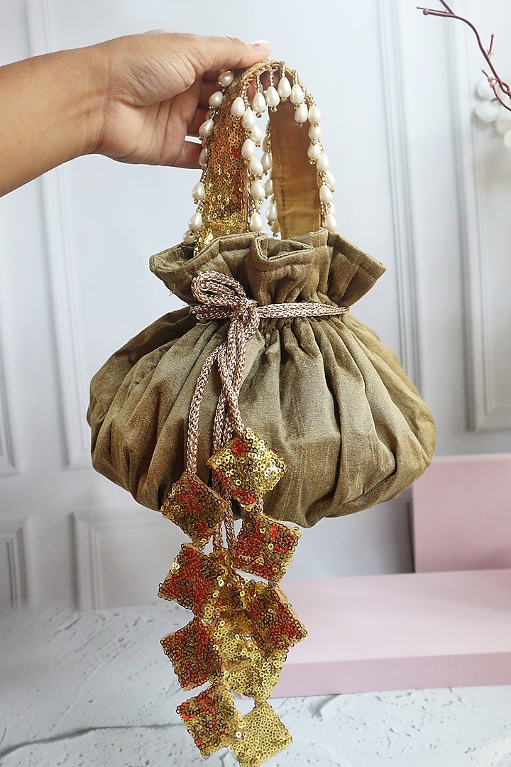 Taupe Silk Potli Bag by Soho Boho Studio