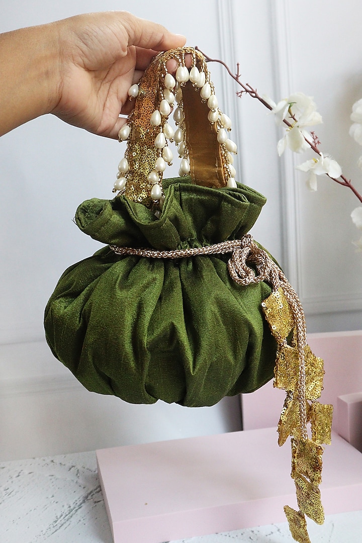 Bottle Green Silk Potli Bag by Soho Boho Studio at Pernia's Pop Up Shop