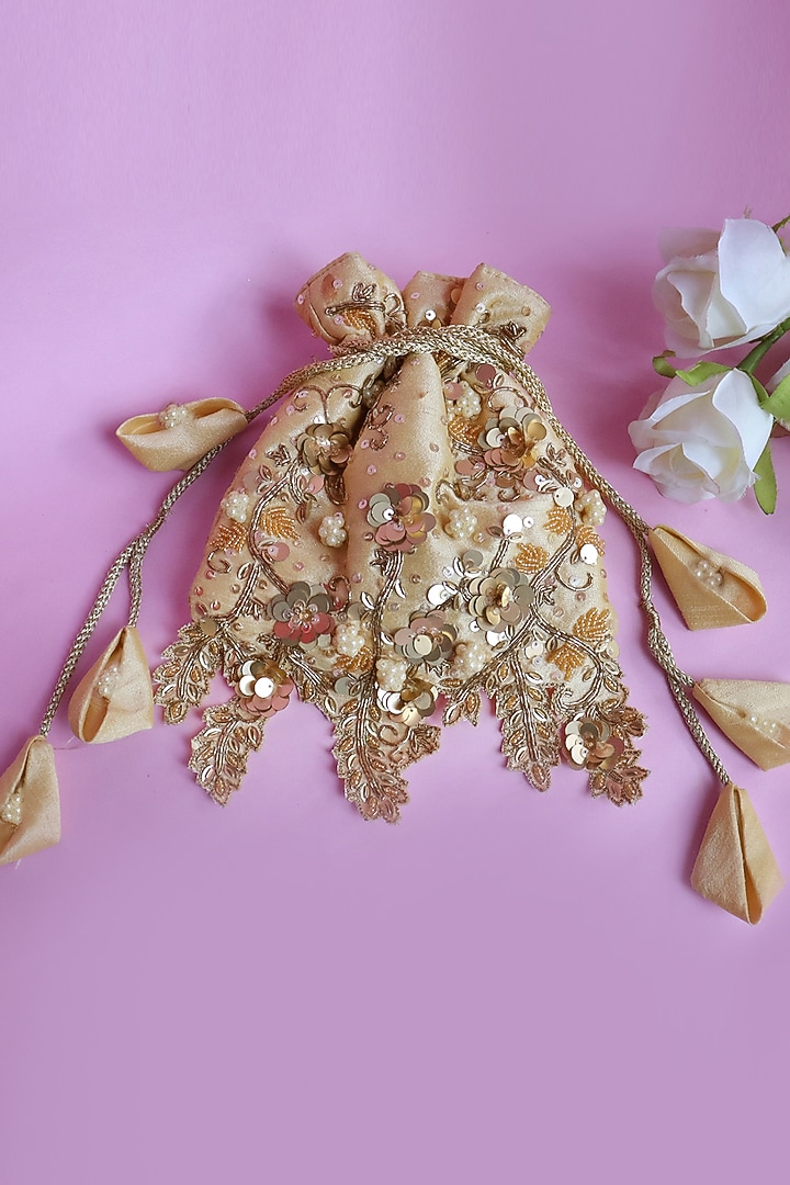 Gold Silk Hand Embroidered Potli by Soho Boho Studio at Pernia's Pop Up Shop