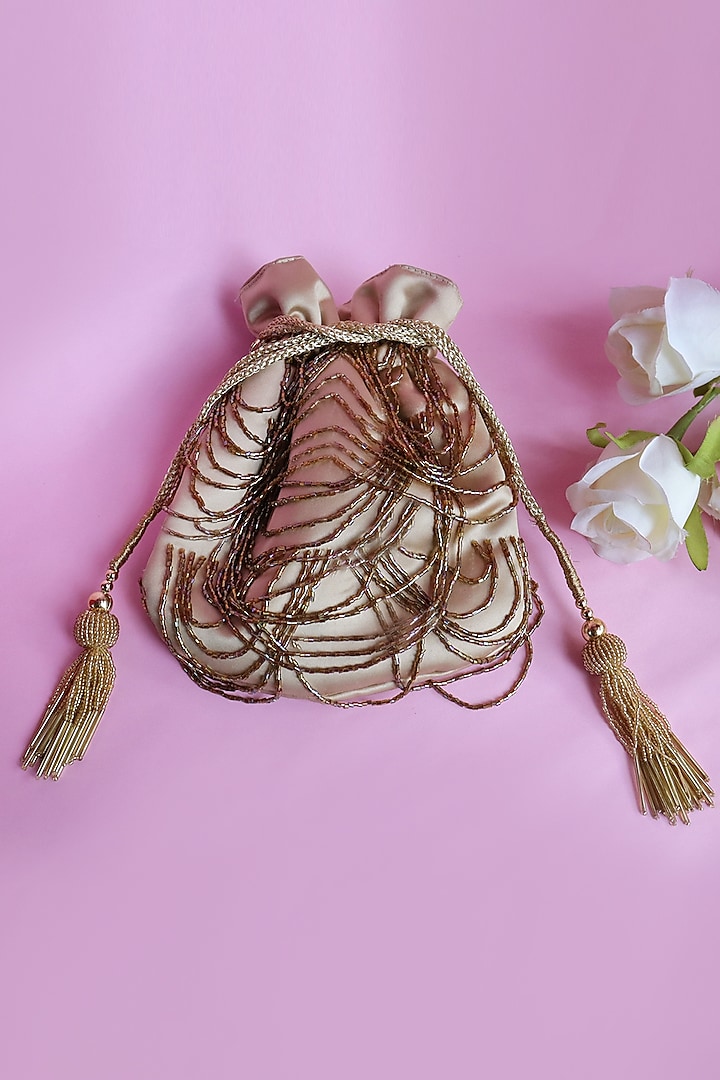 Gold Satin Hand Embroidered Potli by Soho Boho Studio at Pernia's Pop Up Shop