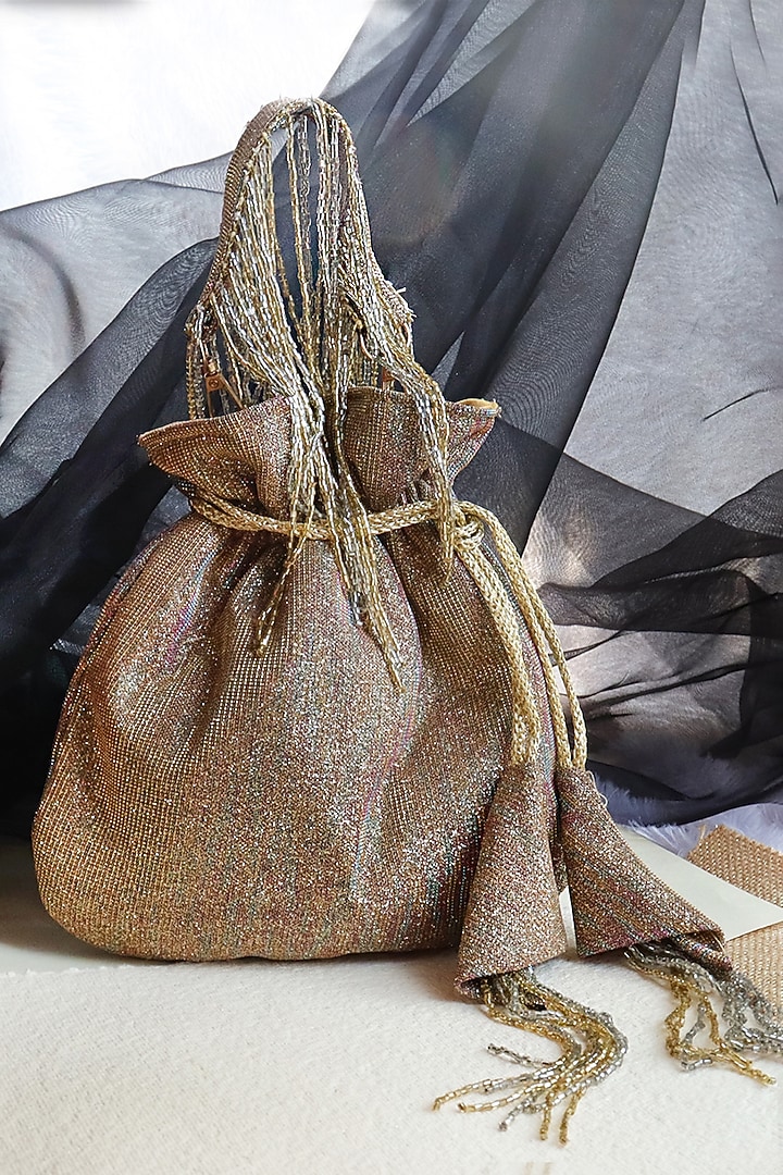 Gold Banarasi Silk Embellished Potli by Soho Boho Studio at Pernia's Pop Up Shop