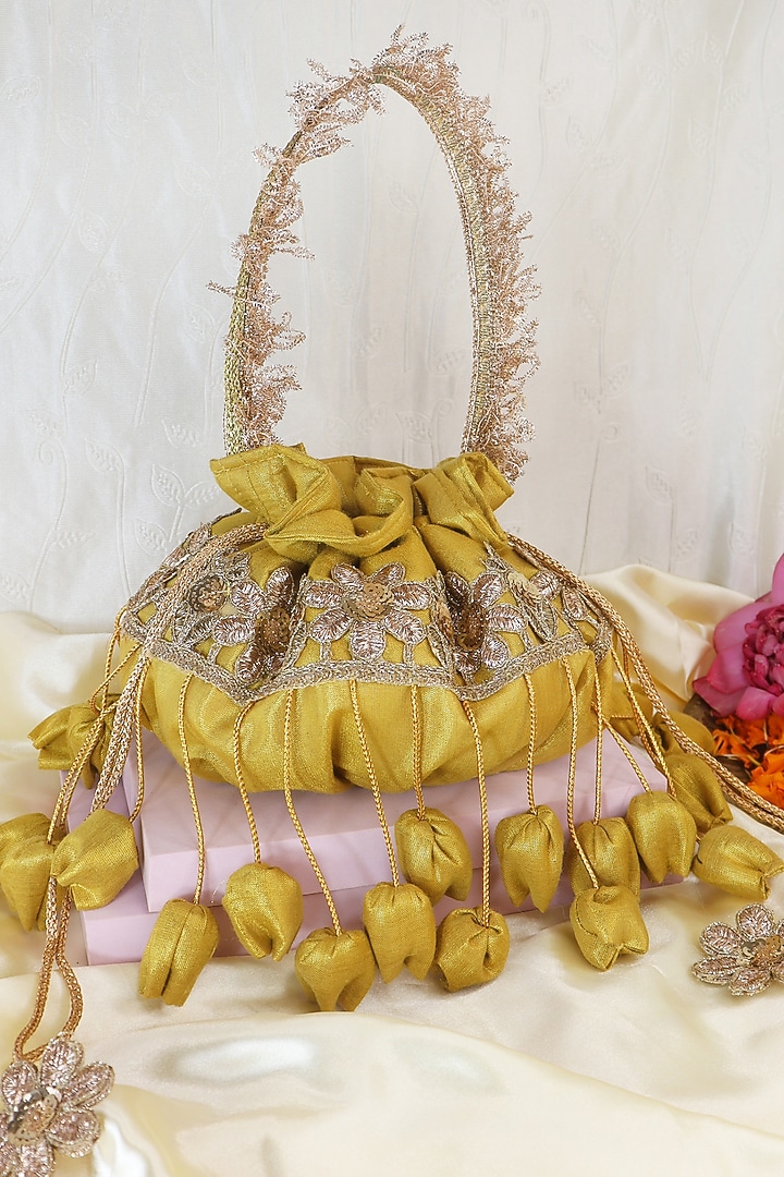 Gold Silk Handcrafted Potli by Soho Boho Studio at Pernia's Pop Up Shop