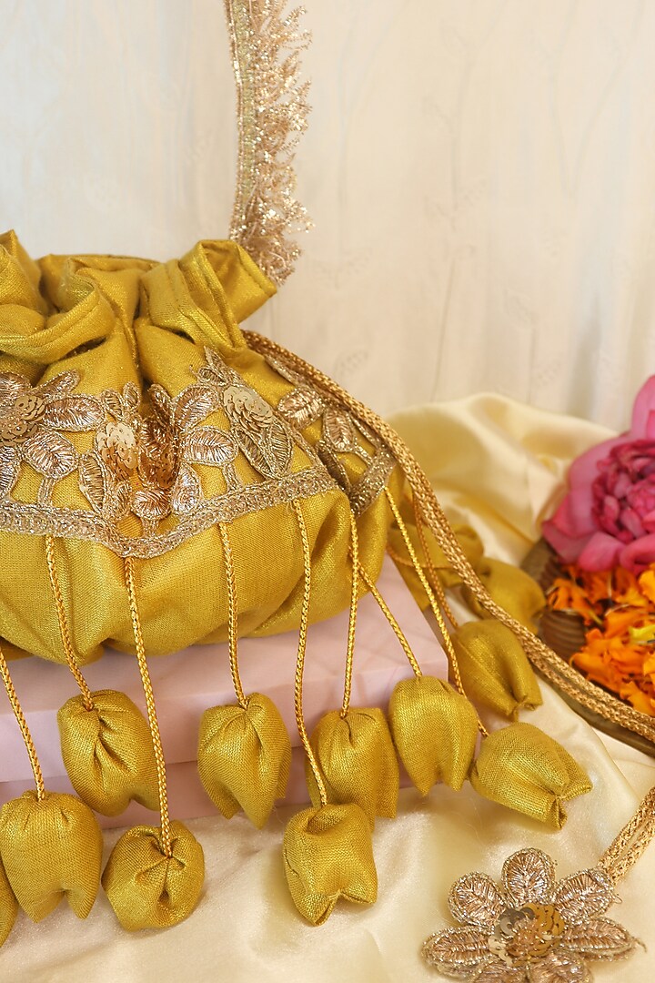 Gold Silk Handcrafted Potli by Soho Boho Studio at Pernia's Pop Up Shop
