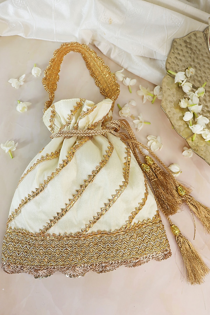 Off-White Silk Gota Patti Work Handcrafted Potli by Soho Boho Studio at Pernia's Pop Up Shop