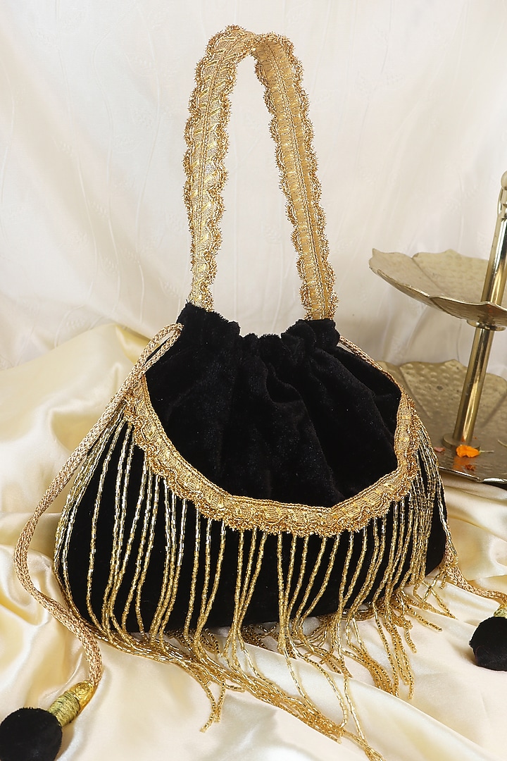 Black Velvet Cut beads Fringe Work Potli by Soho Boho Studio at Pernia's Pop Up Shop