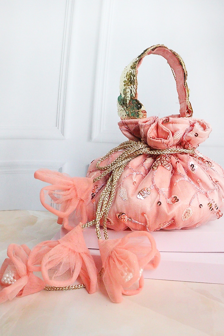 Peach Net Sequins Hand Embroidered Potli by Soho Boho Studio at Pernia's Pop Up Shop