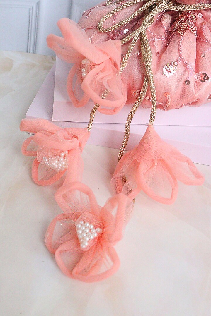 Peach Net Sequins Hand Embroidered Potli by Soho Boho Studio at Pernia's Pop Up Shop