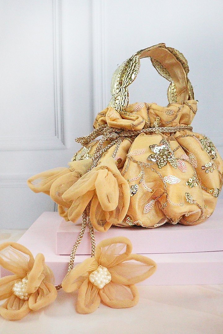 Gold Net Sequins Hand Embroidered Potli by Soho Boho Studio at Pernia's Pop Up Shop