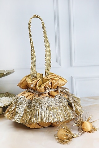 Gold Silk Sequins Hand Embroidered Potli by Soho Boho Studio