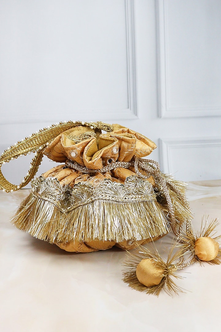 Gold Silk Sequins Hand Embroidered Potli by Soho Boho Studio at Pernia's Pop Up Shop