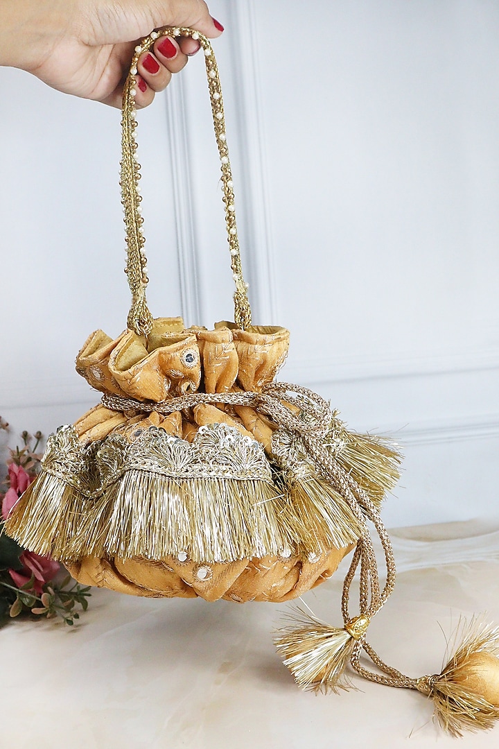 Gold Silk Sequins Hand Embroidered Potli by Soho Boho Studio at Pernia's Pop Up Shop