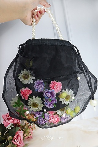 Black Silk & Organza Floral Work Potli by Soho Boho Studio