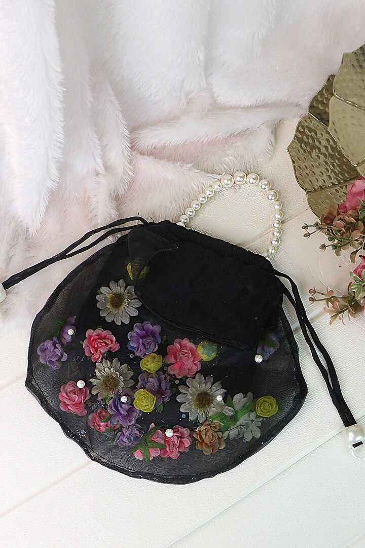 Black Silk & Organza Floral Work Potli by Soho Boho Studio at Pernia's Pop Up Shop