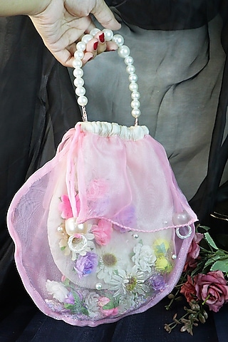 Pink Silk & Organza Floral Work Potli by Soho Boho Studio