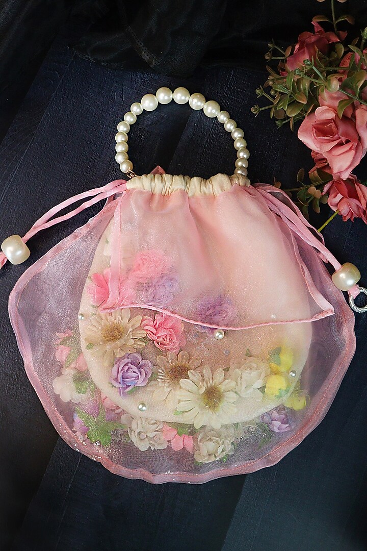 Pink Silk & Organza Floral Work Potli by Soho Boho Studio at Pernia's Pop Up Shop