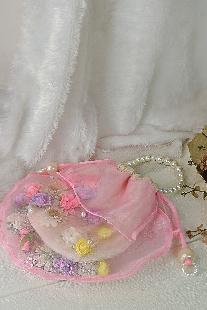 Pink Silk & Organza Floral Work Potli by Soho Boho Studio at Pernia's Pop Up Shop