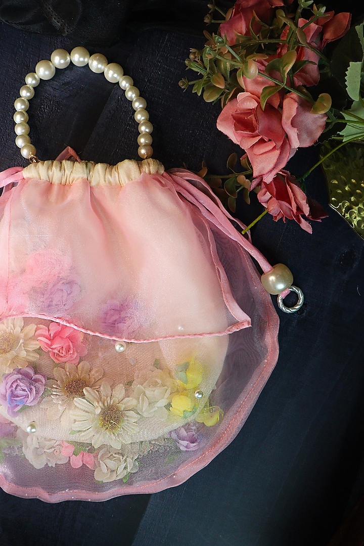 Pink Silk & Organza Floral Work Potli by Soho Boho Studio at Pernia's Pop Up Shop