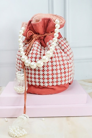 Pink Velvet Pearls Embellished Potli by Soho Boho Studio