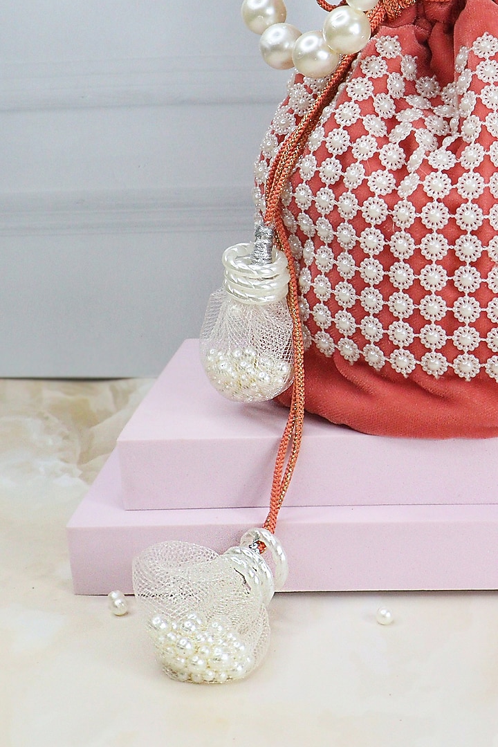 Pink Velvet Pearls Embellished Potli by Soho Boho Studio at Pernia's Pop Up Shop