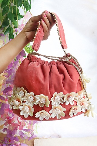 Pink Velvet Floral Embellished Potli by Soho Boho Studio