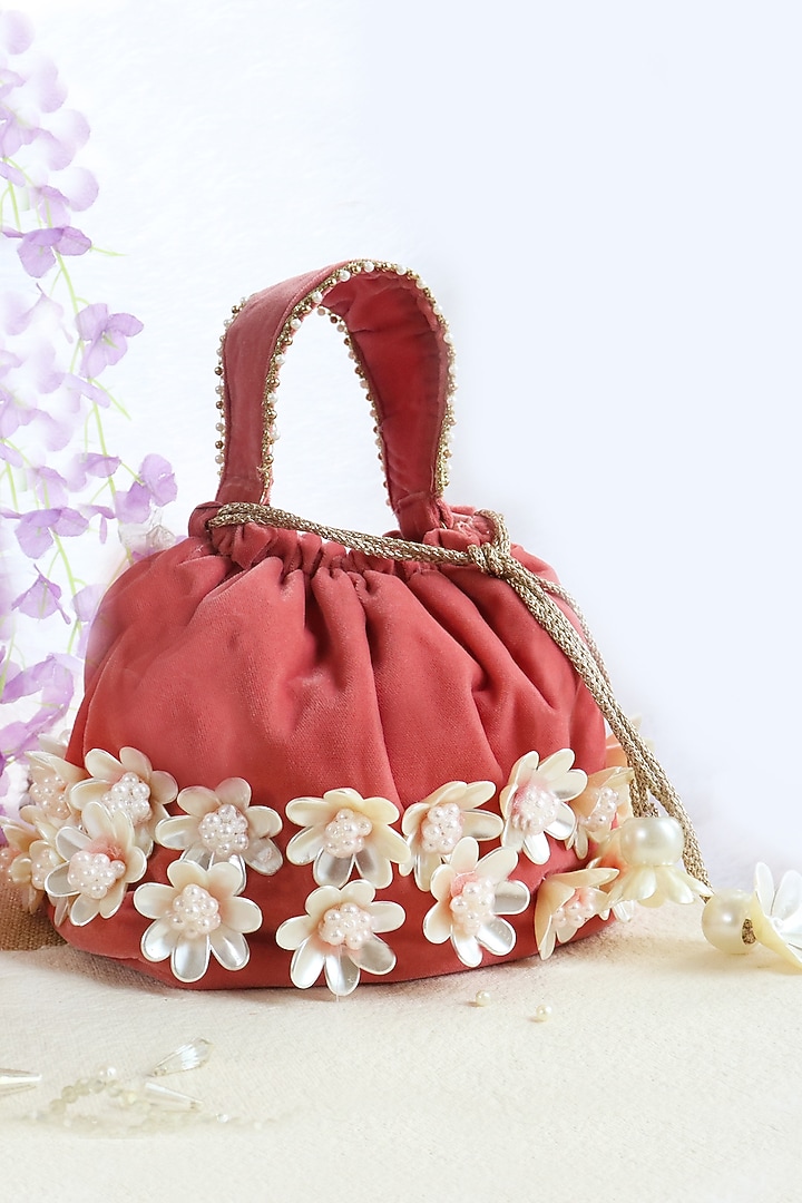 Pink Velvet Floral Embellished Potli by Soho Boho Studio at Pernia's Pop Up Shop