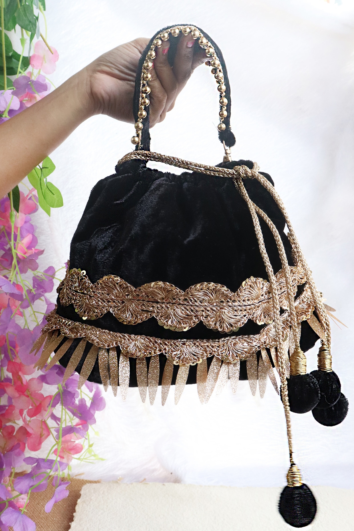 Black Embroidered Potli Bag With A Handworked Handle | Potli bags, Bags,  Black