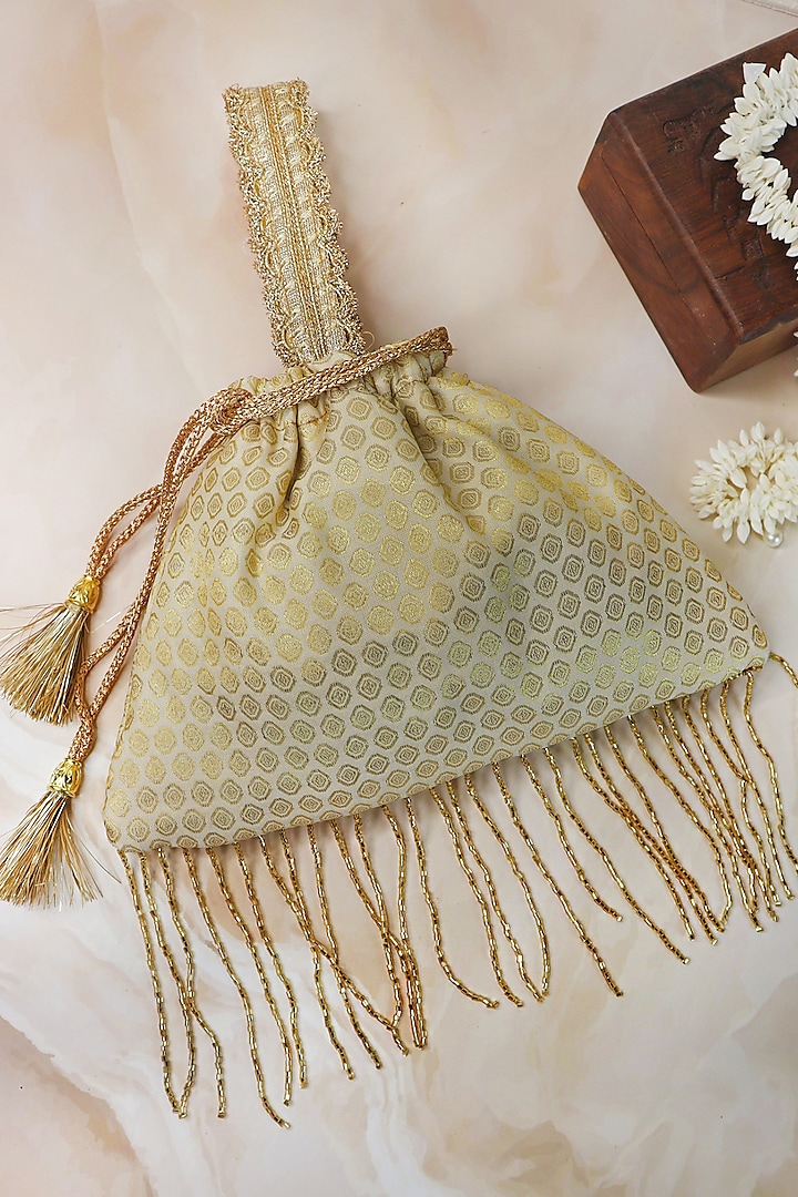 Ivory & Gold Cut Beads Embellished Triangular Potli by Soho Boho Studio at Pernia's Pop Up Shop