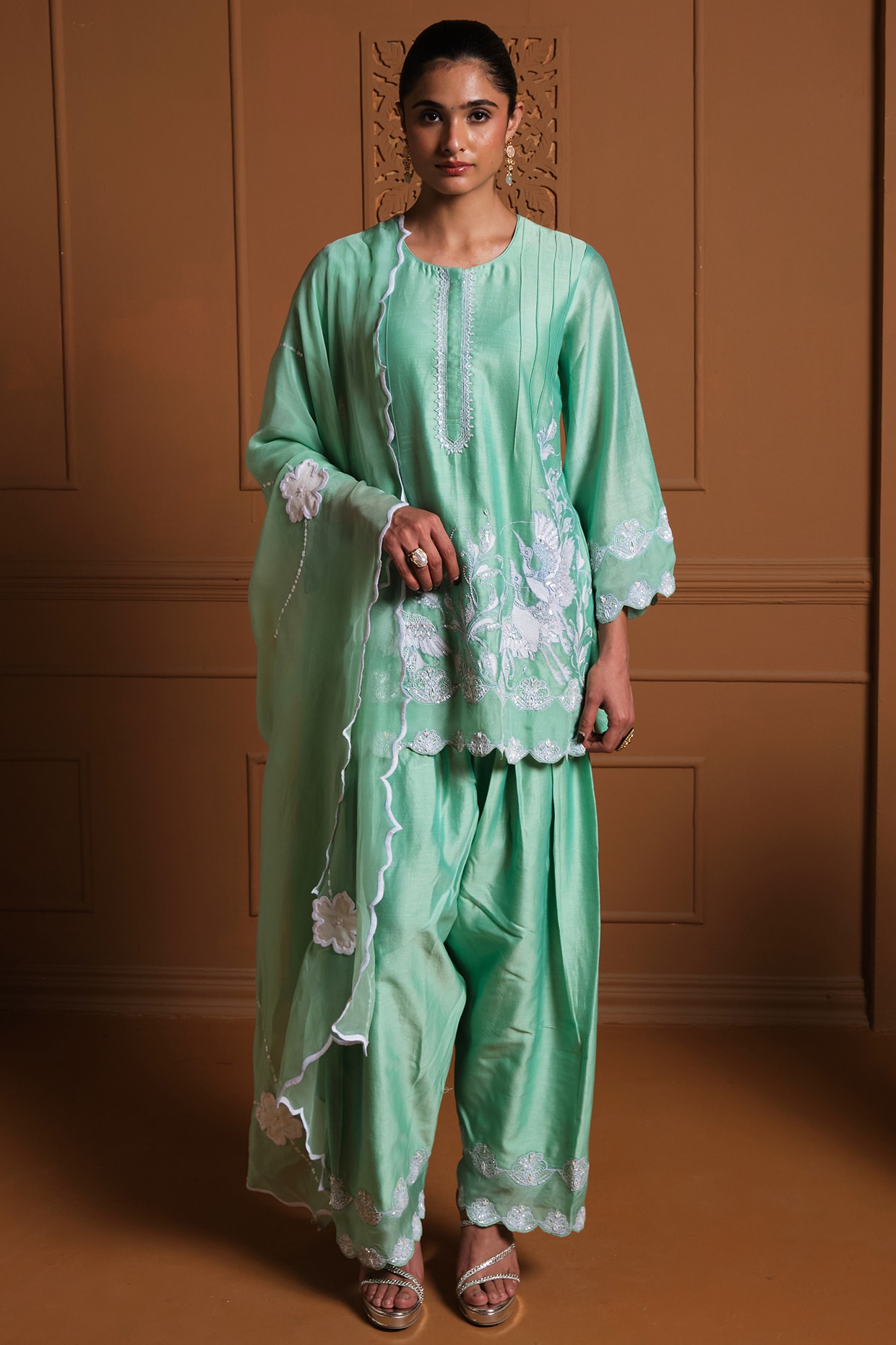Sonia Khatri Mint Green Silk Floral Thread Work Kurta Set