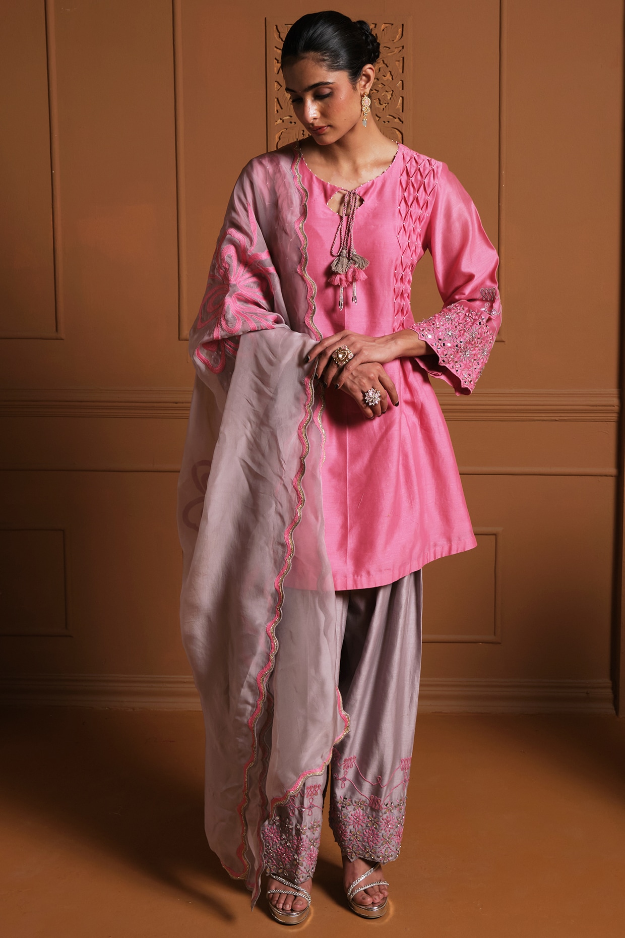 Sonia Khatri Candy Pink Silk Mirror Work Kurta Set