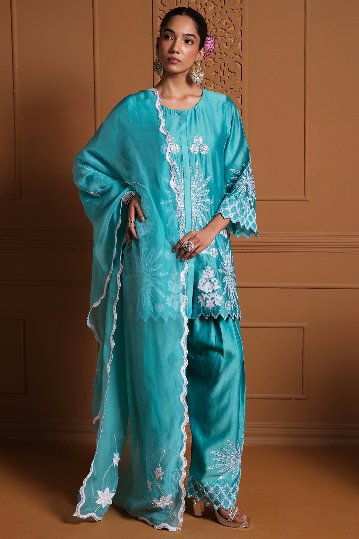 Sonia Khatri Teal Silk Floral Thread Work Kurta Set