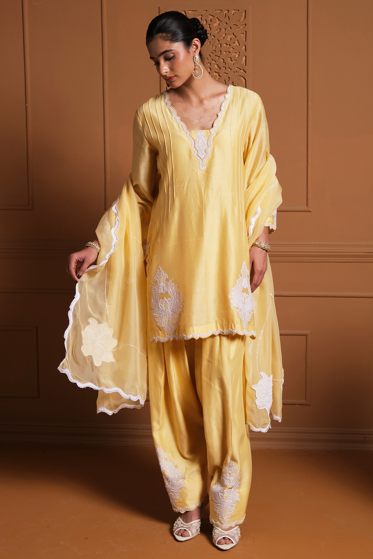 Sonia Khatri Yellow Silk Resham Embroidered Kurta Set