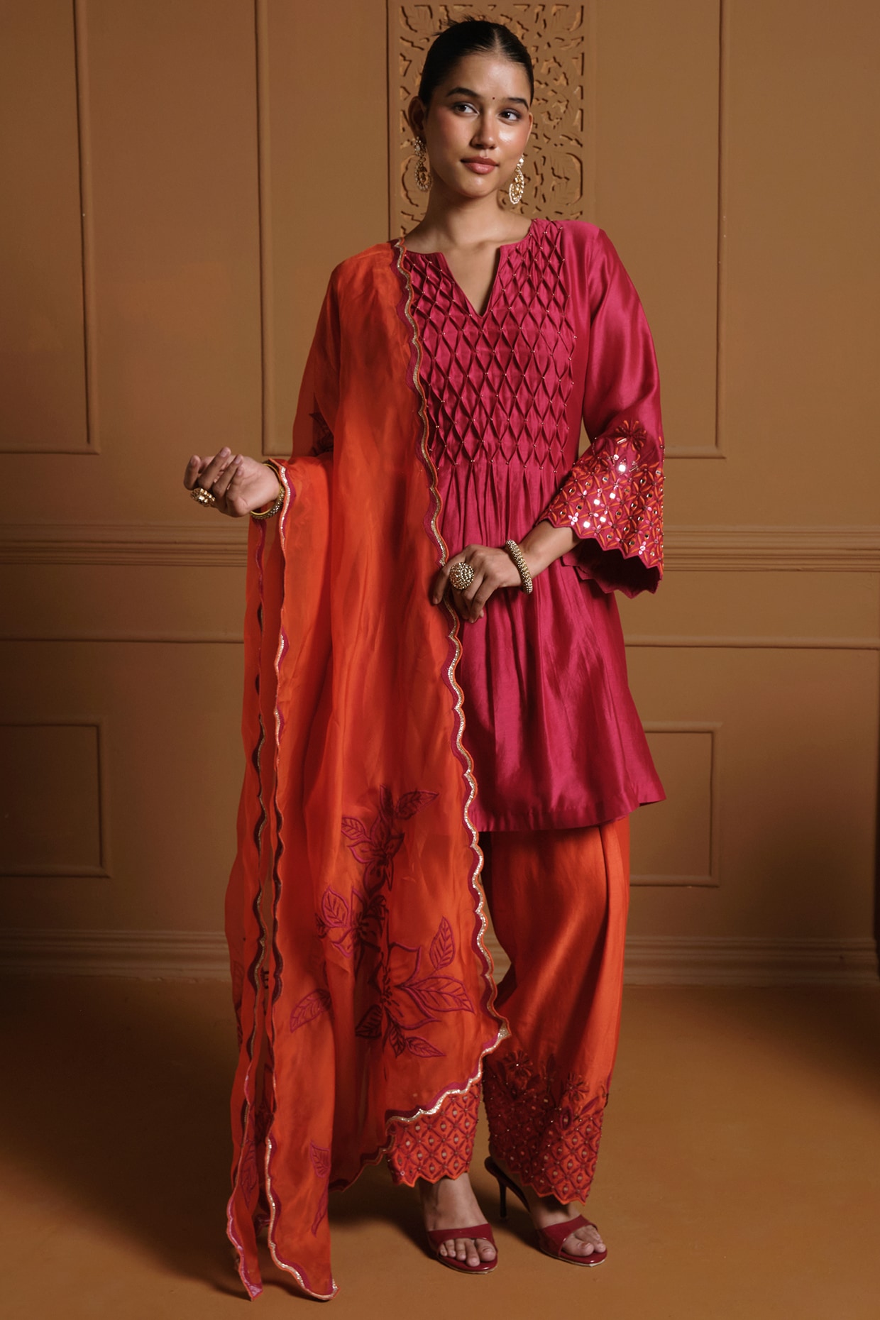 Sonia Khatri Red Silk Mirror Work Anarkali-Cut Kurta Set