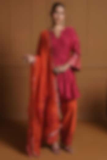 Red Silk Mirror Work Anarkali-Cut Kurta Set by Sonia Khatri at Pernia's Pop Up Shop
