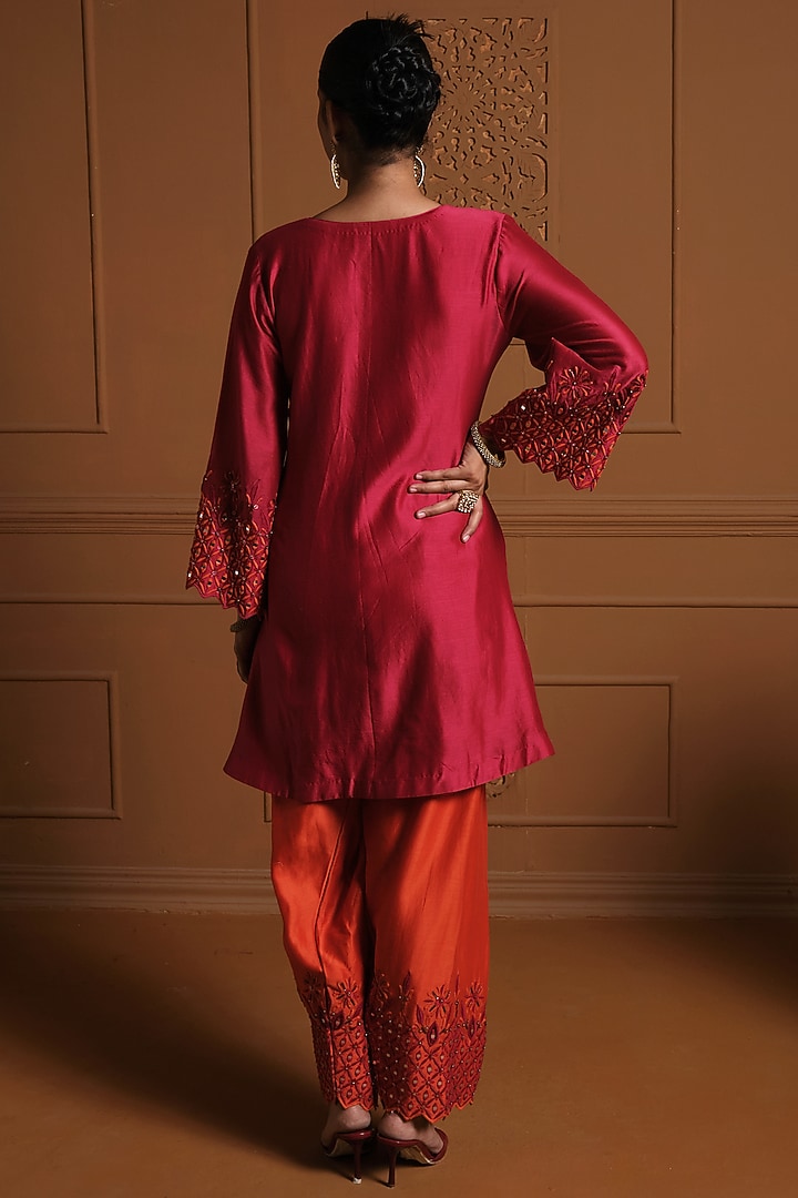 Red Silk Mirror Work Anarkali-Cut Kurta Set by Sonia Khatri at Pernia's Pop Up Shop