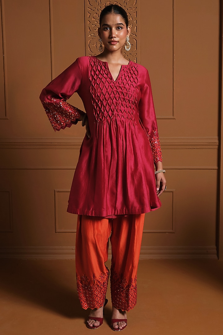 Red Silk Mirror Work Anarkali-Cut Kurta Set by Sonia Khatri at Pernia's Pop Up Shop