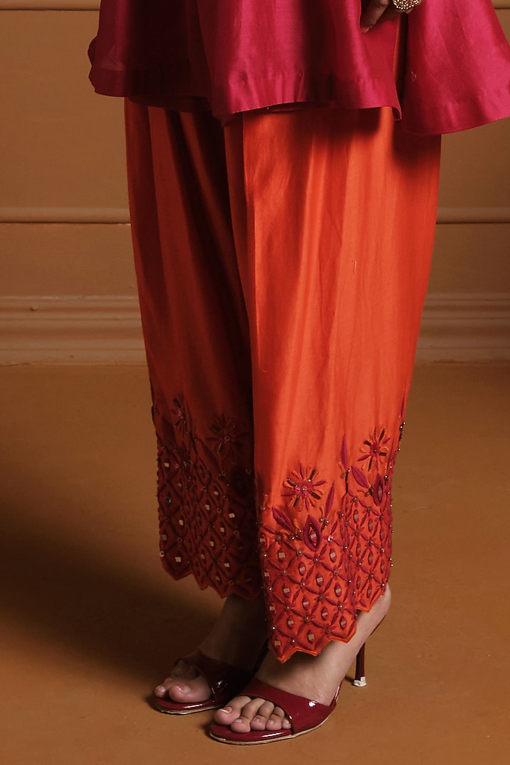 Red Silk Mirror Work Anarkali-Cut Kurta Set by Sonia Khatri at Pernia's Pop Up Shop