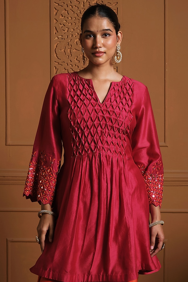 Red Silk Mirror Work Anarkali-Cut Kurta Set by Sonia Khatri at Pernia's Pop Up Shop