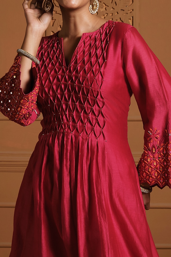 Red Silk Mirror Work Anarkali-Cut Kurta Set by Sonia Khatri at Pernia's Pop Up Shop