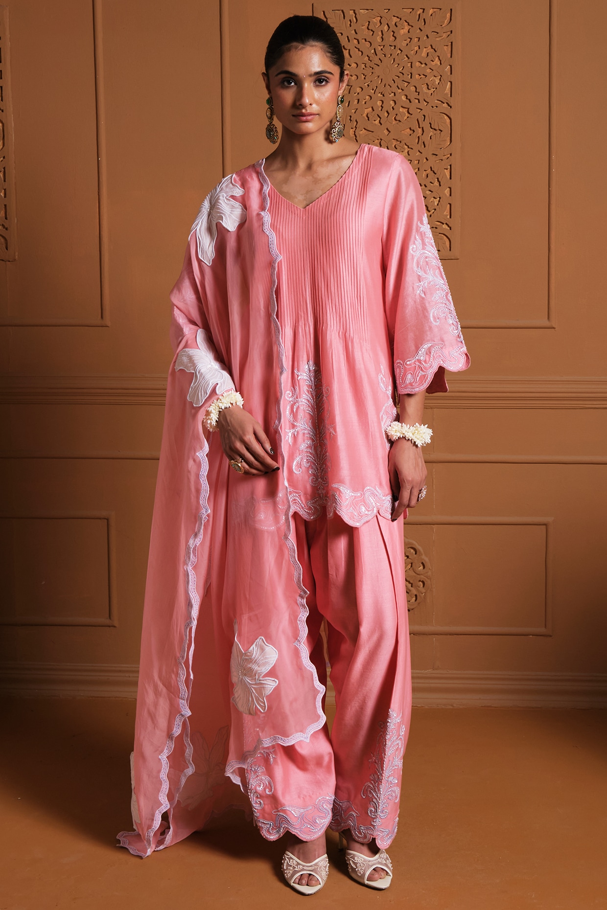 Sonia Khatri Coral Pink Silk Resham Embroidered Kurta Set