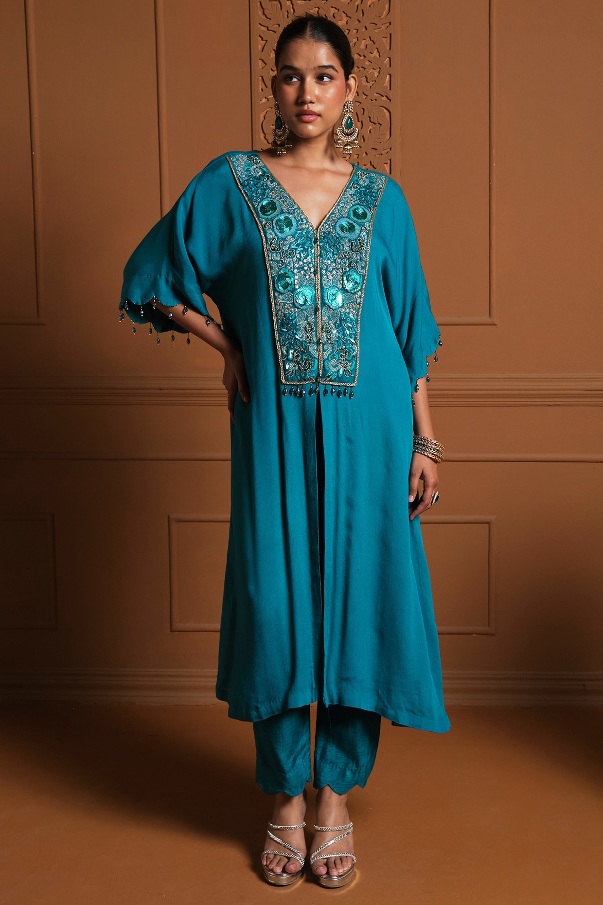 Sonia Khatri Turquoise Chiffon Mirror Embroidered Kaftan Set