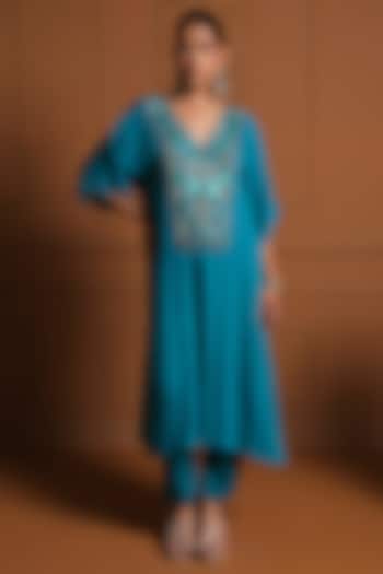 Turquoise Chiffon Mirror Embroidered Kaftan Set by Sonia Khatri at Pernia's Pop Up Shop