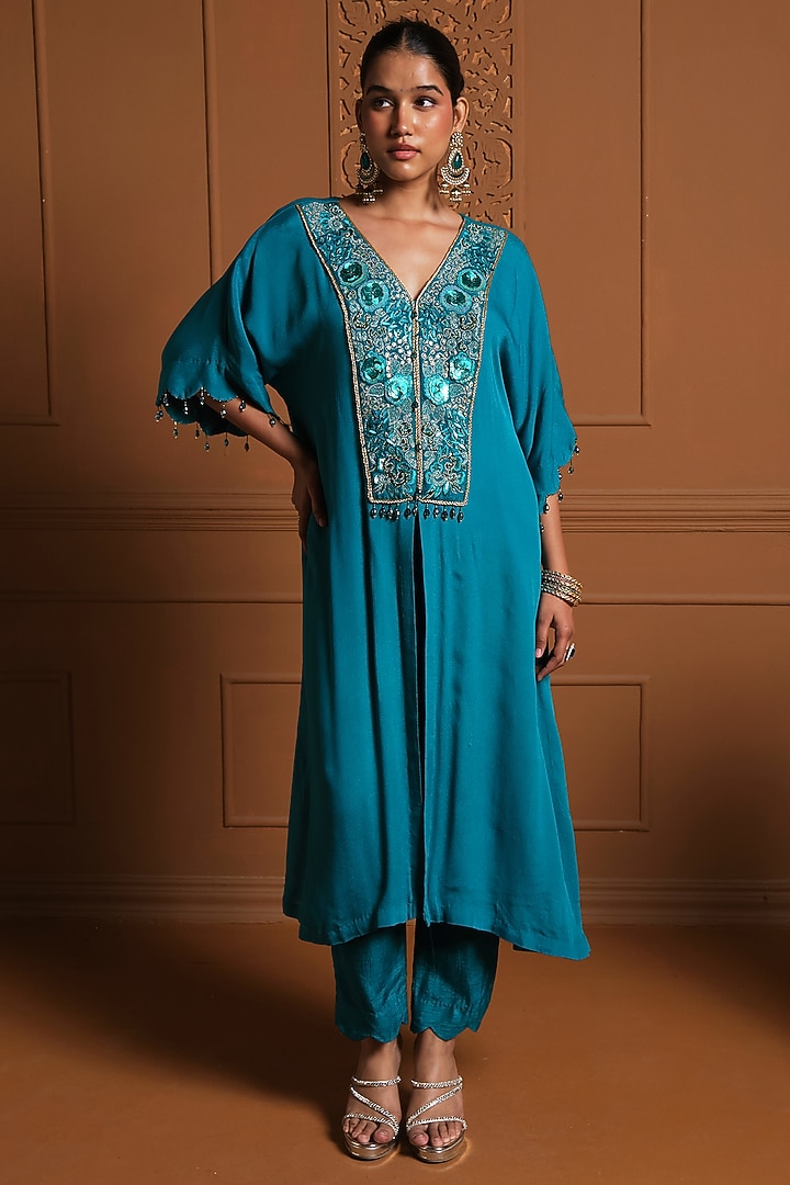 Turquoise Chiffon Mirror Embroidered Kaftan Set by Sonia Khatri at Pernia's Pop Up Shop