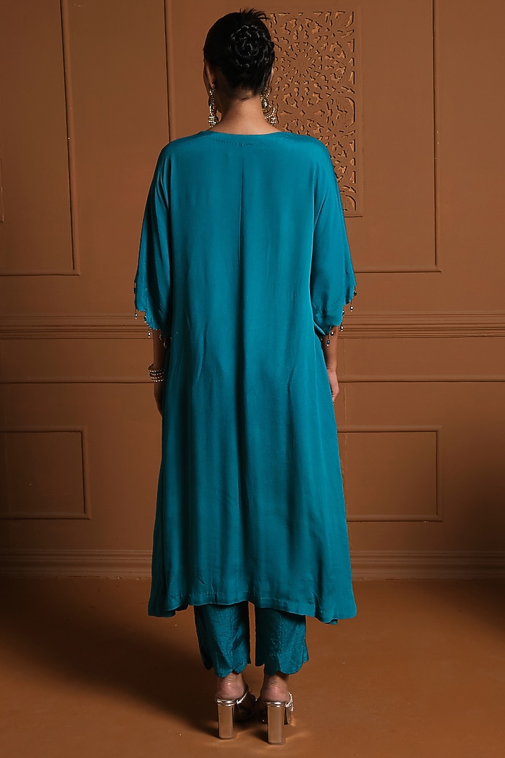 Turquoise Chiffon Mirror Embroidered Kaftan Set by Sonia Khatri at Pernia's Pop Up Shop