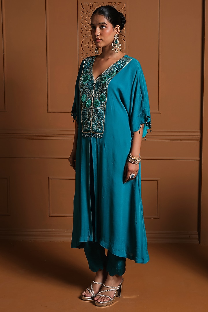 Turquoise Chiffon Mirror Embroidered Kaftan Set by Sonia Khatri at Pernia's Pop Up Shop
