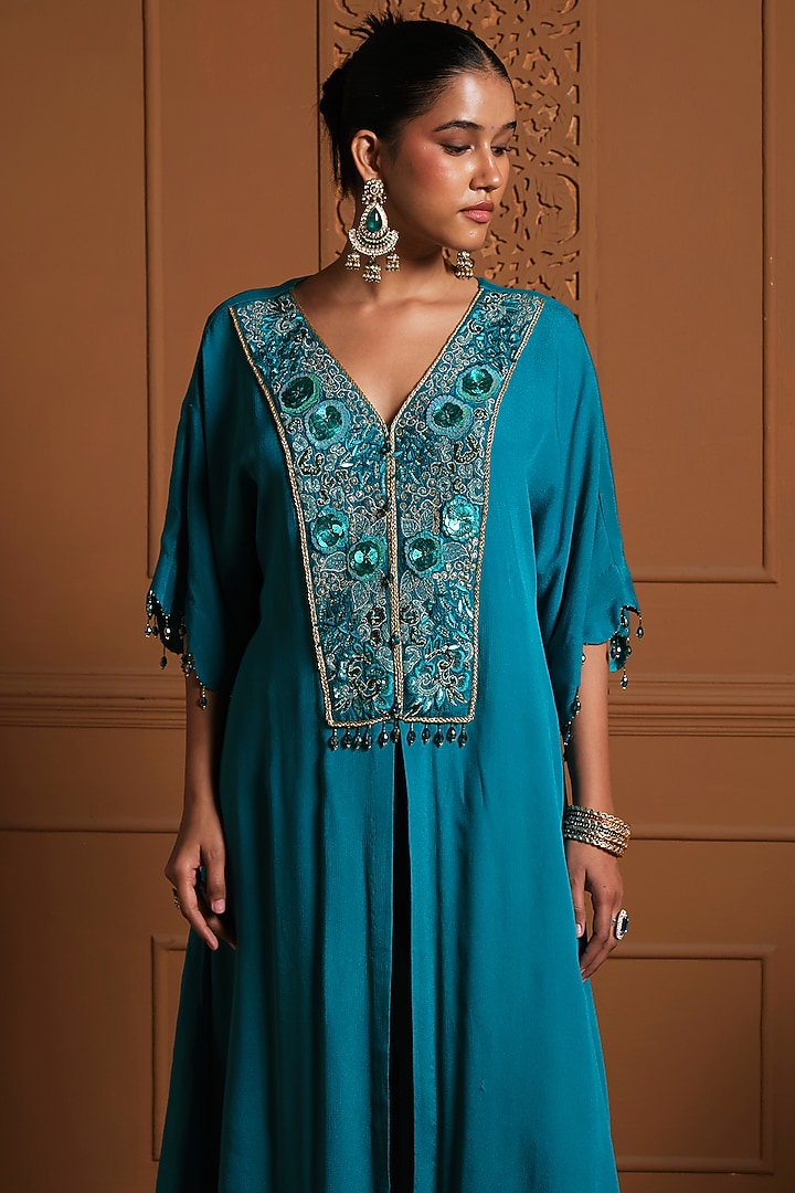 Turquoise Chiffon Mirror Embroidered Kaftan Set by Sonia Khatri at Pernia's Pop Up Shop