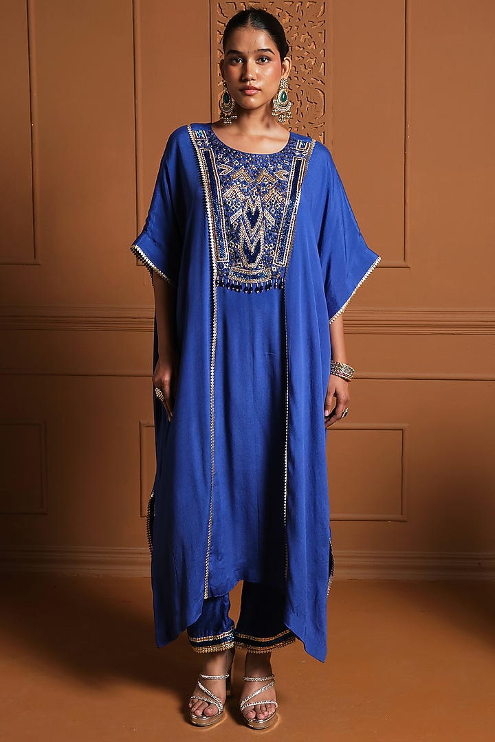 Blue Chiffon Gota Hand Embroidered Kaftan Set by Sonia Khatri at Pernia's Pop Up Shop