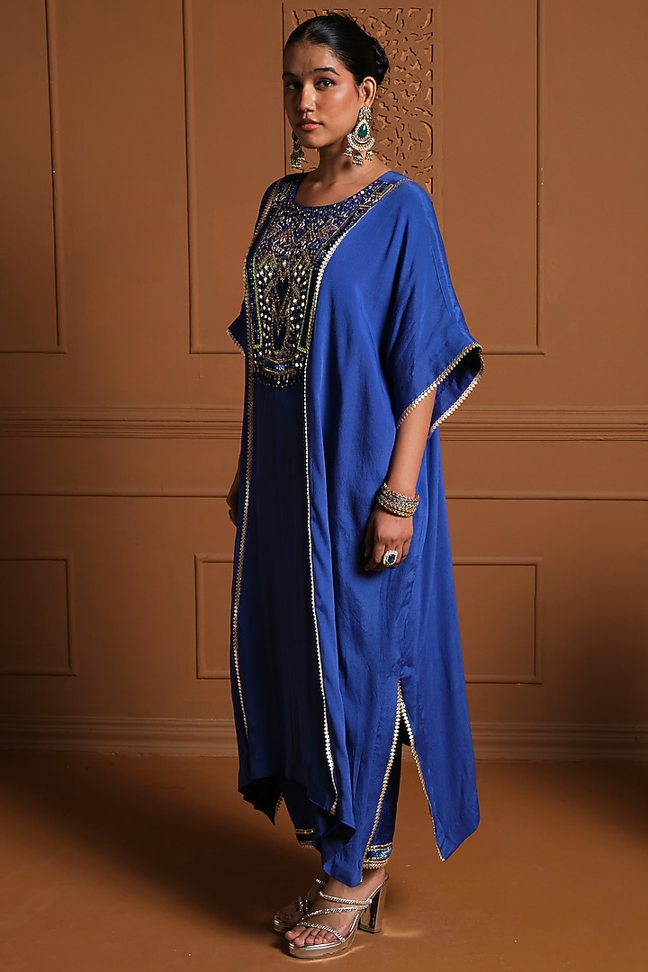 Blue Chiffon Gota Hand Embroidered Kaftan Set by Sonia Khatri at Pernia's Pop Up Shop