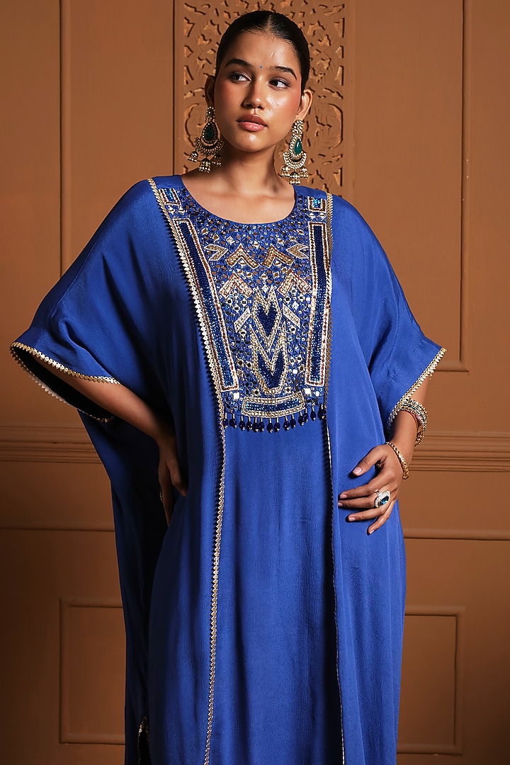 Blue Chiffon Gota Hand Embroidered Kaftan Set by Sonia Khatri at Pernia's Pop Up Shop