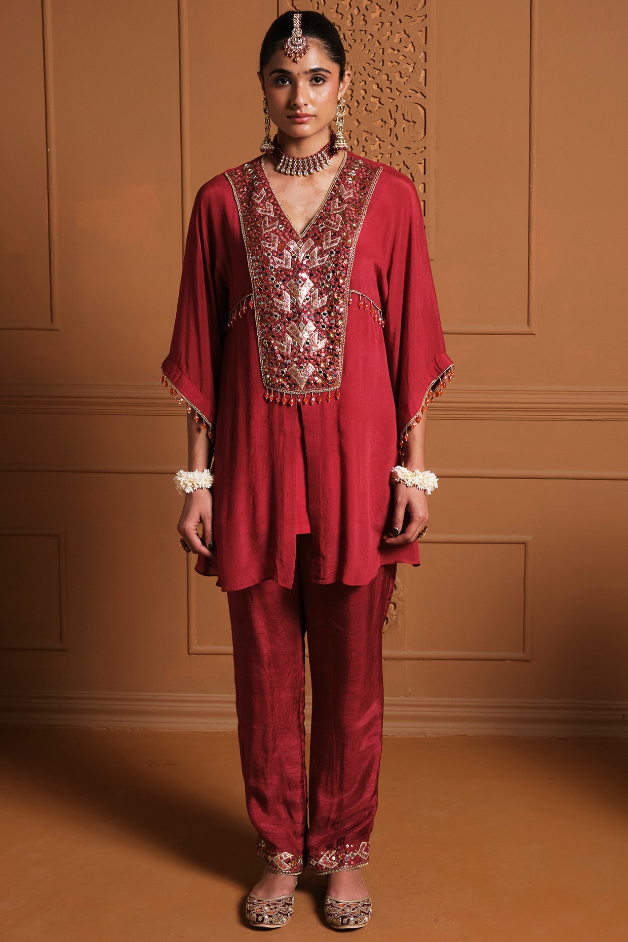 Sonia Khatri Maroon Chiffon Floral Hand Embroidered Asymmetrical Kaftan Set
