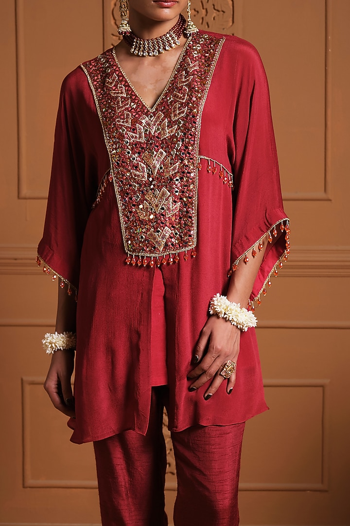 Maroon Chiffon Floral Hand Embroidered Asymmetrical Kaftan Set by Sonia Khatri at Pernia's Pop Up Shop